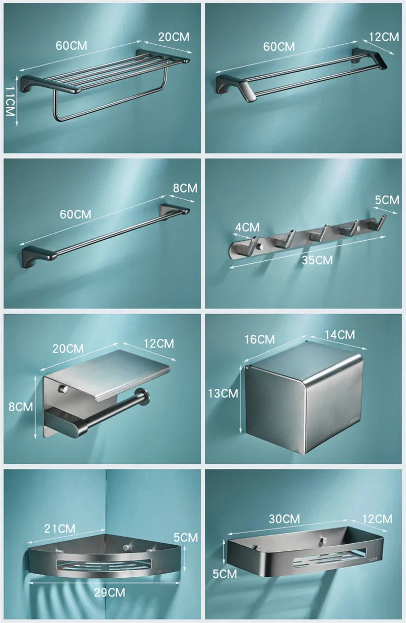 DecorBites™ Grey Bathroom Accessories Set: Paper Holder, Corner Shelf, Towel Rack, Toilet Brush Holder, Towel Holder