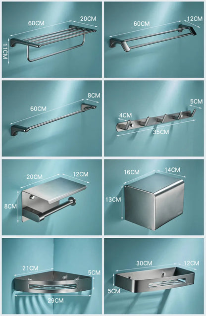 DecorBites™ Grey Bathroom Accessories Set: Paper Holder, Corner Shelf, Towel Rack, Toilet Brush Holder, Towel Holder