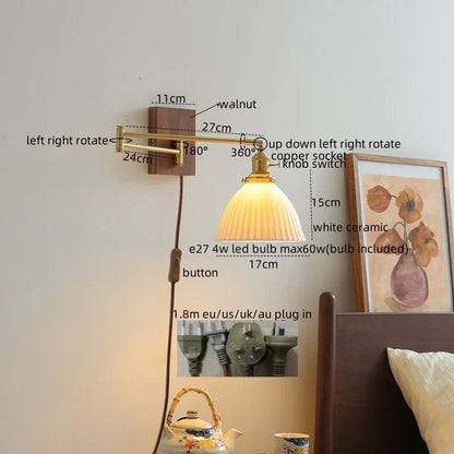 DecorBites™ Ceramic Walnut LED Wall Lights for Modern Bedroom Living Room, Pull Chain Switch