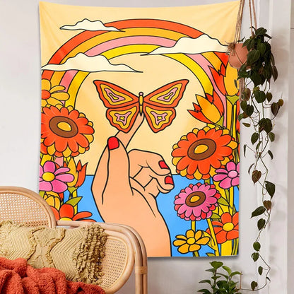 Decobites Butterfly Rainbow Tapestry Wall Hanging: 70s Vintage Retro Flower Child Psychedelic Art