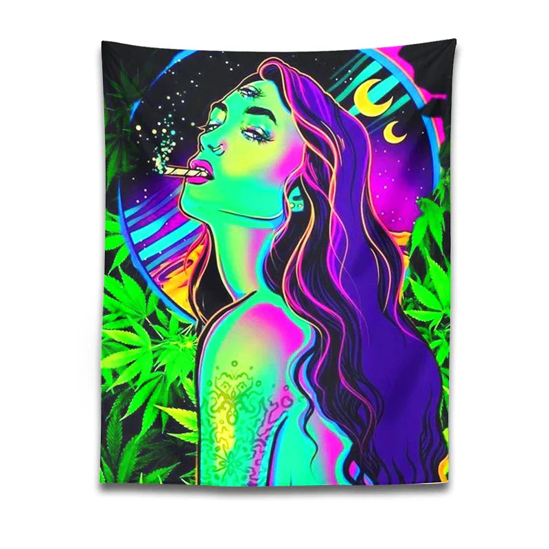 Decobites Moon Girl Smoke Tapestry: Psychedelic Hippie Trippy Leaves Aesthetics & Home Decor