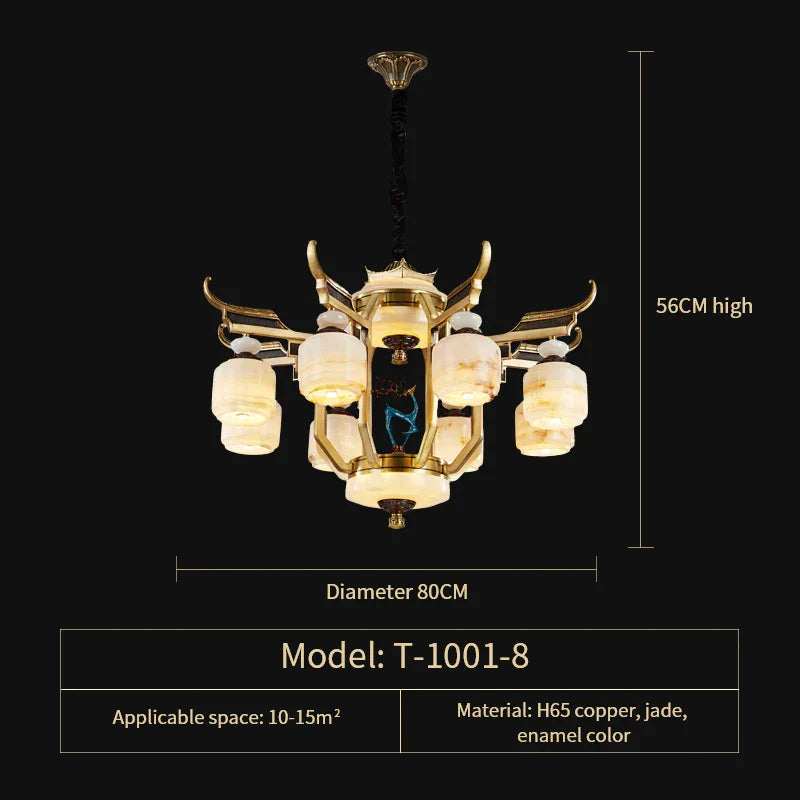 ثريا ديكوربايتس™ المصنوعة من النحاس بالكامل من اليشم لغرفة المعيشة أو غرفة الطعام في الفيلا - مصباح نحاسي مزدوج على الطراز الصيني