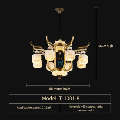 ثريا ديكوربايتس™ المصنوعة من النحاس بالكامل من اليشم لغرفة المعيشة أو غرفة الطعام في الفيلا - مصباح نحاسي مزدوج على الطراز الصيني