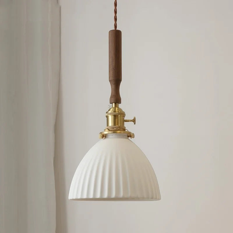 DecorBites™ White Ceramic LED Pendant Light with Walnut Wood Accent - Modern Nordic Design