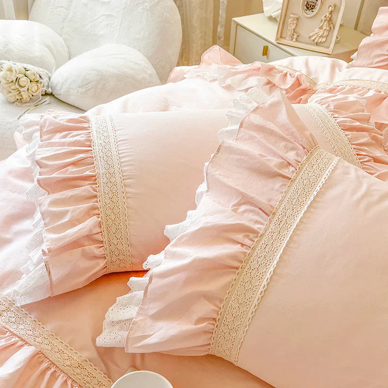 Decobites Pink Princess Lace Ruffles Bedding Set - 100% Cotton Double Layer Duvet Cover