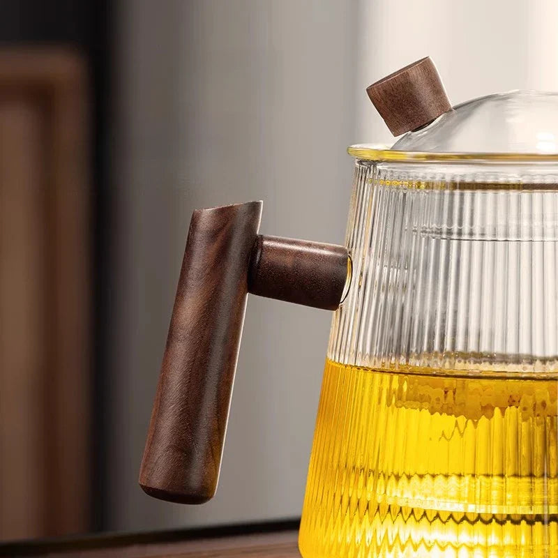 DecorBites™ Glass Teapot 900ML with Wooden Handle for Puer Kung Fu Tea