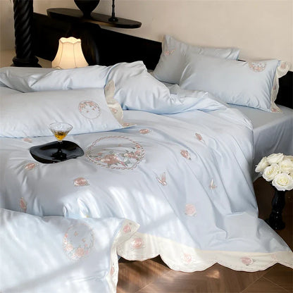 Decobites Rose Butterfly Embroidery Curved Edge Bedding Set: Duvet Cover, Sheet Set, Pillowcases