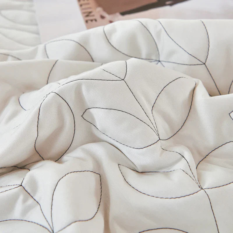 DecorBites™ Leaf Embroidery Double Layer Lace Ruffles Quilt Set with Bedspread & Pillowcases