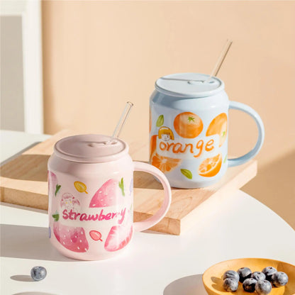 Taza de cerámica DecorBites™ con forma de fruta, tapa y pajita, diseño de estilo coreano.