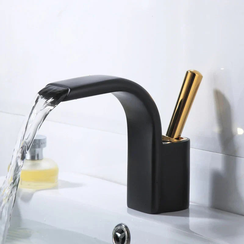 DecorBites™ Black Brass Waterfall Basin Faucet, Single Hole Hot Cold Sink Mixer Tap