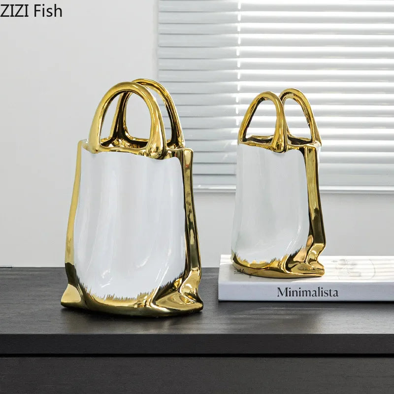 Jarrón de cerámica con forma de bolso dorado DecorBites™ para arreglos florales impresionantes