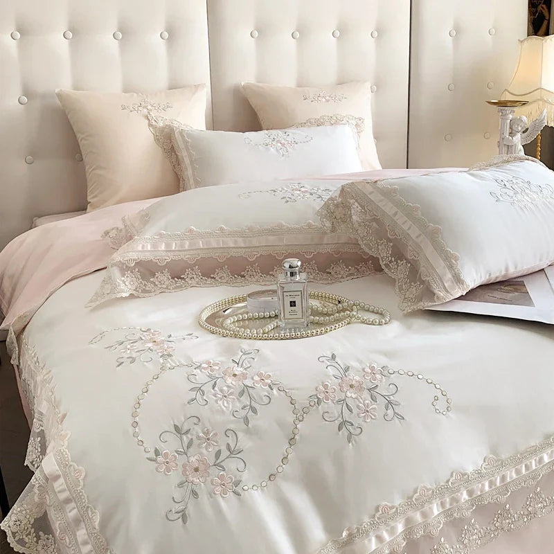 DecorBites™ French Lace Flowers Embroidery Wedding Bedding Set 1200TC - Luxurious and Romantic Cotton Duvet Cover Set