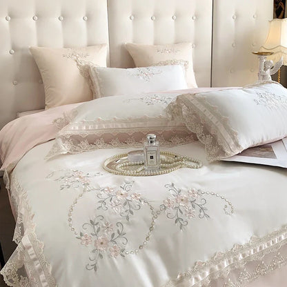 DecorBites™ French Lace Flowers Embroidery Wedding Bedding Set 1200TC - Luxurious and Romantic Cotton Duvet Cover Set