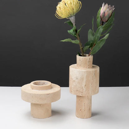 DecorBites™ Beige Travertine Stone Vase for Living Room Hotel Dining Table