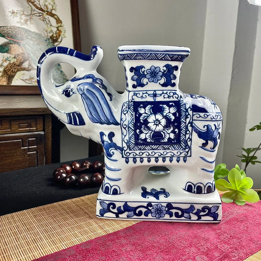 DecorBites™ Elephant Statue, Blue & White Ceramic Table Accessory, Home Decor