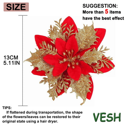 10PCS Christmas Flowers Glitter Artificial Poinsettia Floral Xmas Tree Ornaments DIY Garlands Home Wedding Party Decor