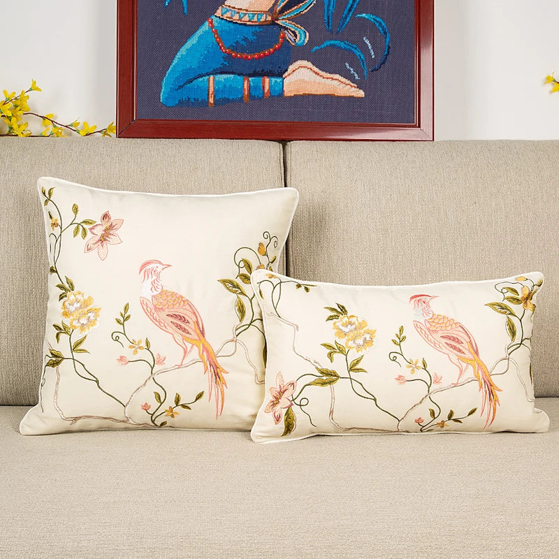 DecorBites™ Bird Embroidered Cotton Cushion Cover 45x45cm Square Floral Pillow Case