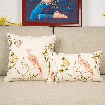 DecorBites™ Bird Embroidered Cotton Cushion Cover 45x45cm Square Floral Pillow Case