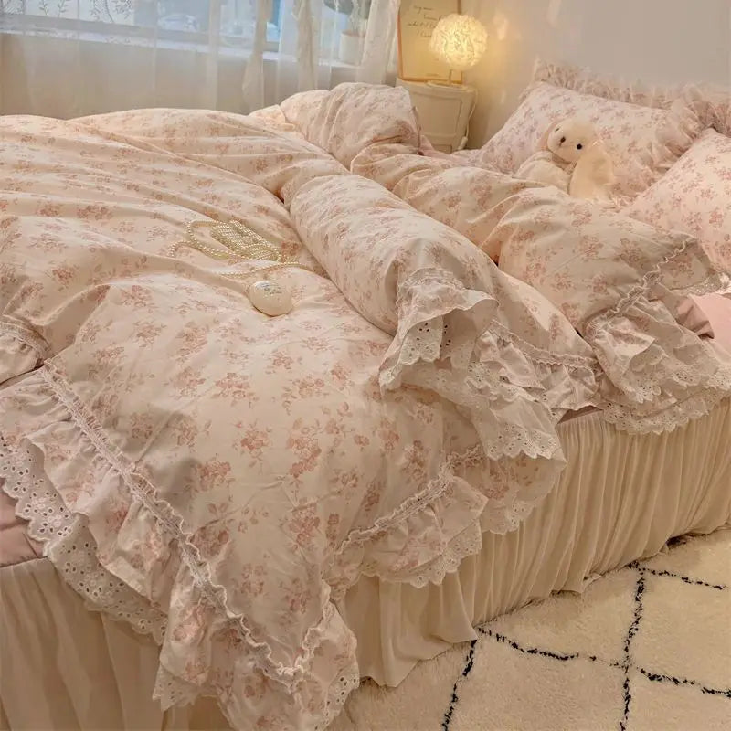 Decobites Princess Style Lace Ruffles Bedding Set - 100% Cotton, 3/4Pcs, Korean Design