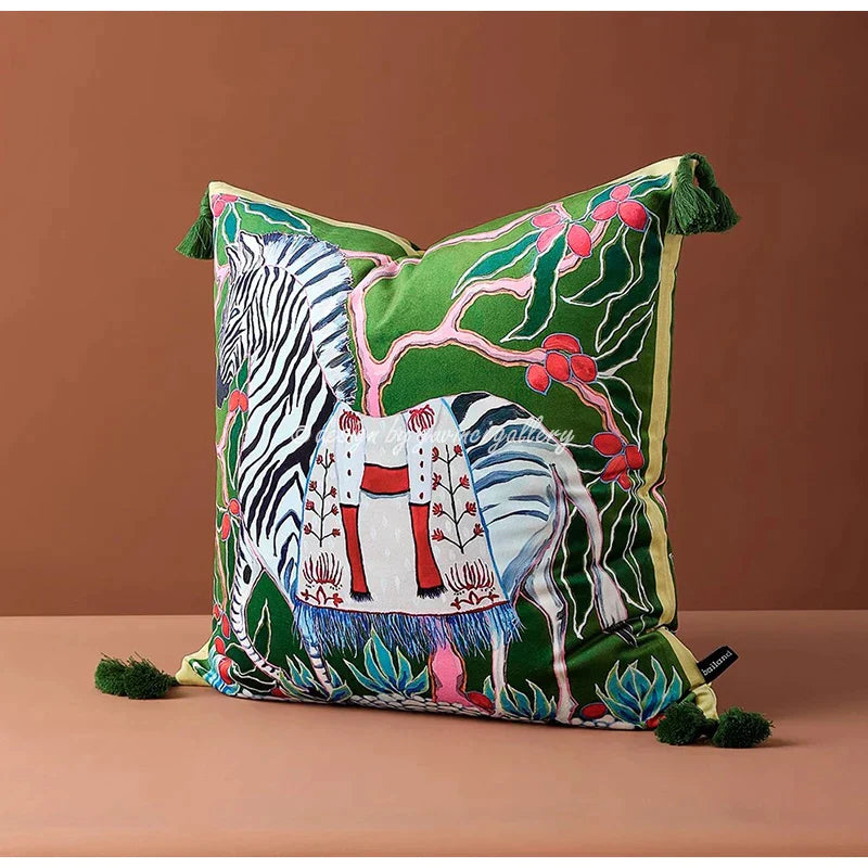 DecorBites™ Chinoiserie Zebra & Peonies Cushion Cover with Tassels
