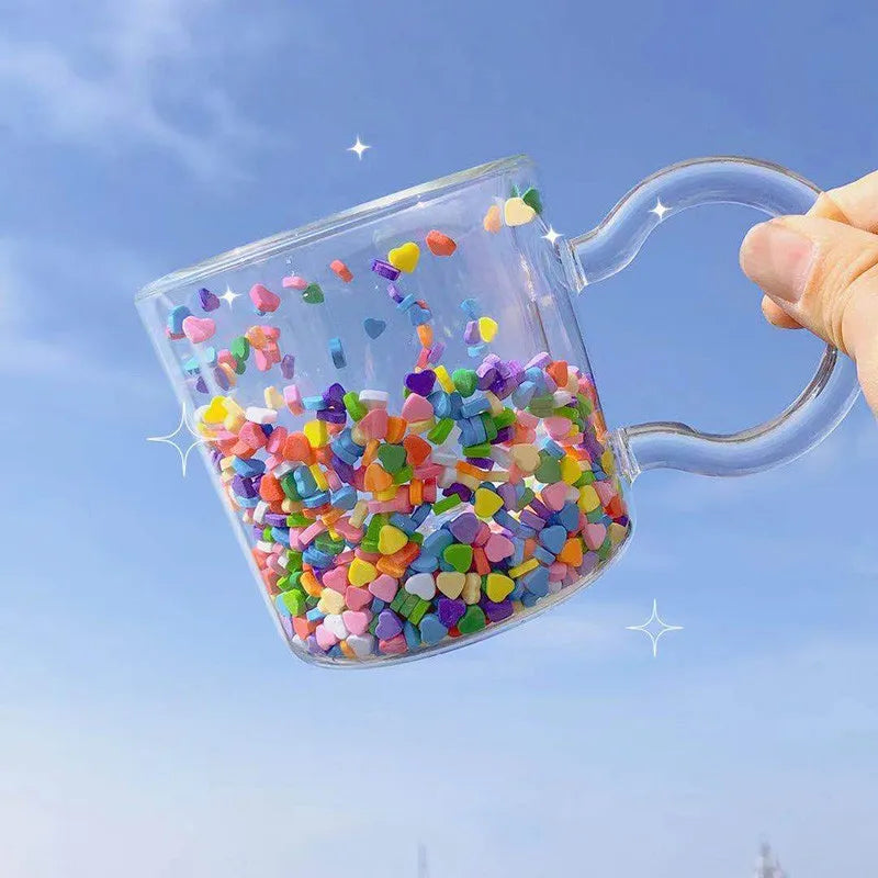 Taza de vidrio de doble fondo DecorBites™ Love Quicksand - Taza de agua/café con diseño kawaii de niña