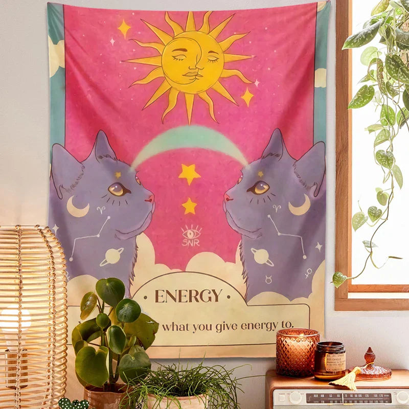 Decobites Tarot Constellation Cat Energy Wall Art Tapestry - Sun Moon Decor