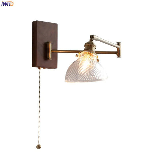 DecorBites™ Clear Glass Copper LED Wall Light with Pull Chain Switch & Walnut Wood Canopy