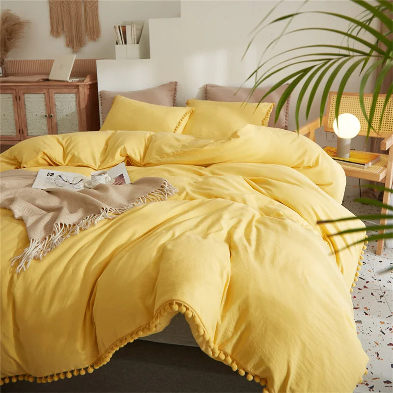 DecorBites™ Luxe Furball Tasseled Yellow Bedding Set Queen/King Size Duvet Cover & Soft Bed Cover Sets