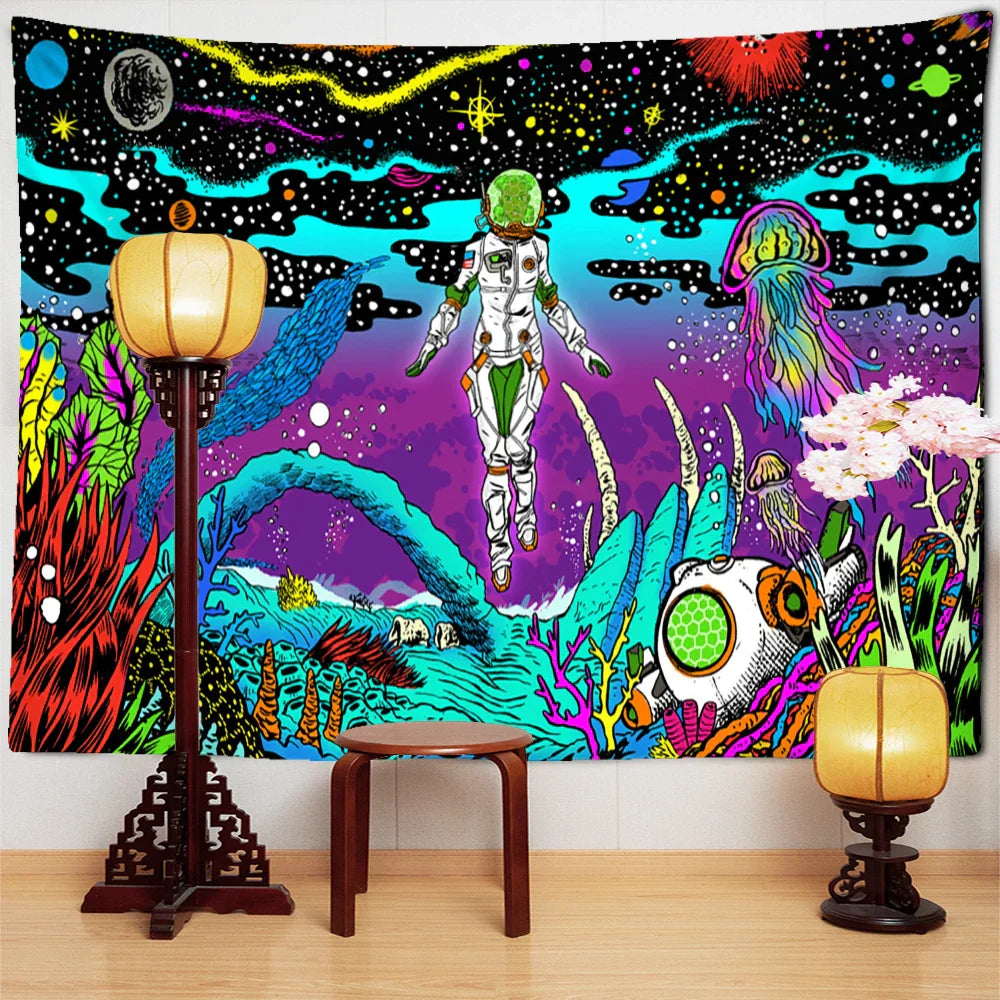 Decobites Jellyfish Underwater Tapestry: Psychedelic Alien Art for Home Decor