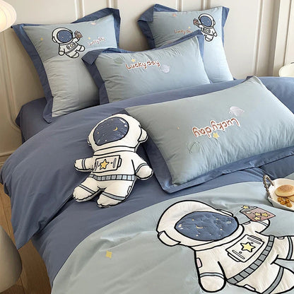 Juego de cama infantil DecorBites™ con bordado de astronauta de dibujos animados, 100% algodón, funda nórdica individual, sábana bajera, fundas de almohada