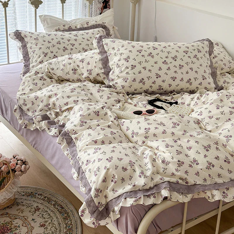 DecorBites™ French Floral Print Double Layer Lace Ruffles Bedding Set