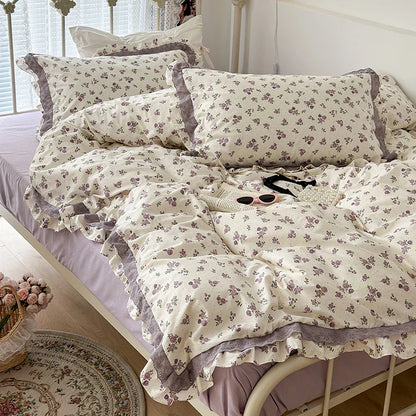DecorBites™ French Floral Print Double Layer Lace Ruffles Bedding Set