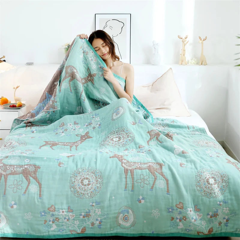 DecorBites™ Boho Printed Cotton Blanket - Green Muslin Large Soft Bed Throw Cover