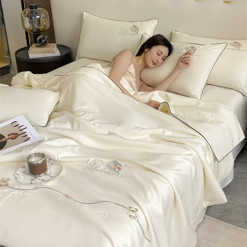 DecorBites™ Bear Floral Embroidery Summer Blanket Set with Cooling Feel