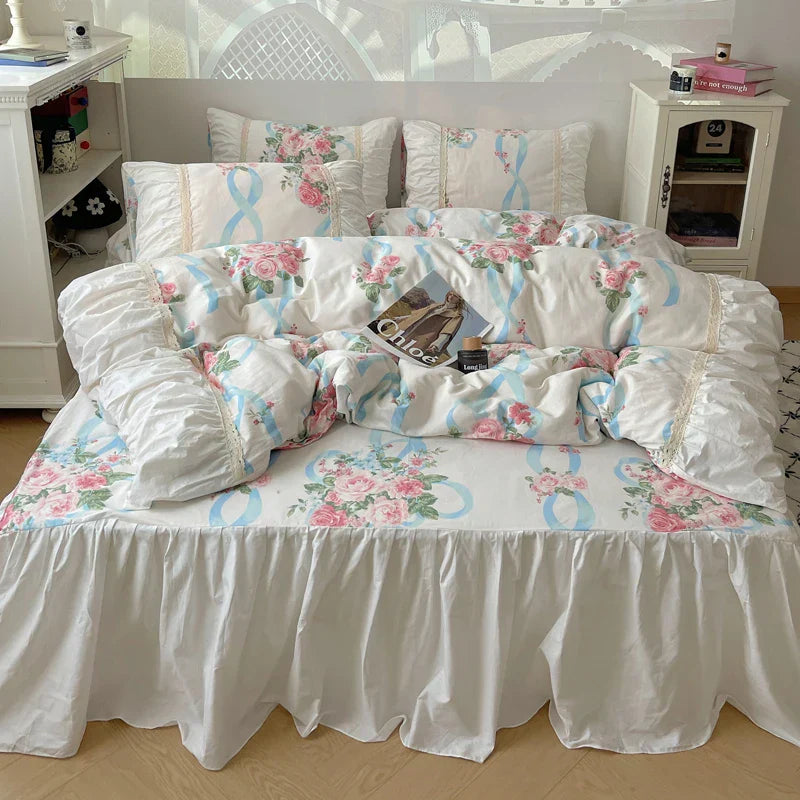 Decobites Korean Princess Flowers Bedding Set - Duvet Cover, Bed Skirt, Pillowcases