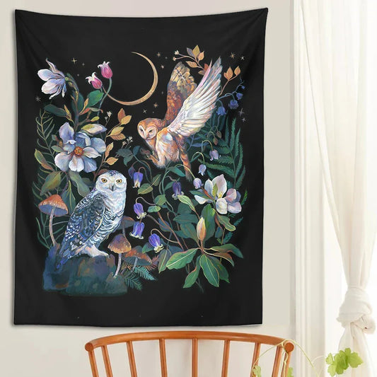 Decobites Owls Night Garden Tapestry Wall Hanging - Psychedelic Moon Magic Plant Flower Tapestries