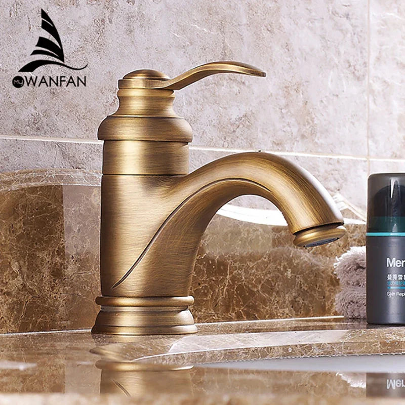 DecorBites™ Antique Brass Basin Faucet Single Handle Deck Mounted Bathroom Sink Hot Cold Mixer