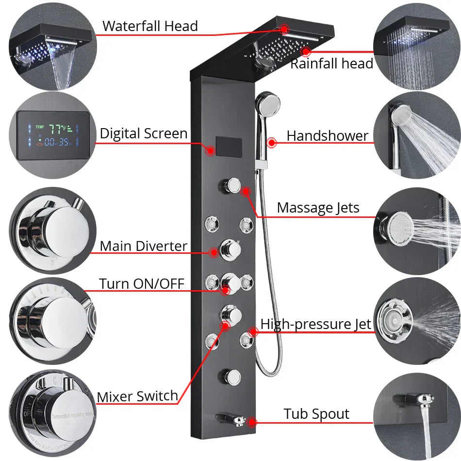 DecorBites™ LED Rainfall Shower Panel System with Temperature Screen & Massage SPA