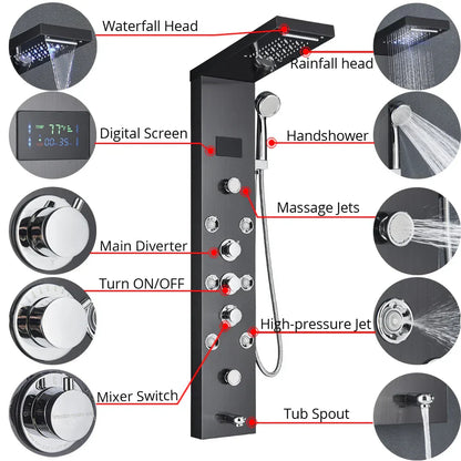 DecorBites™ LED Rainfall Shower Panel System with Temperature Screen & Massage SPA