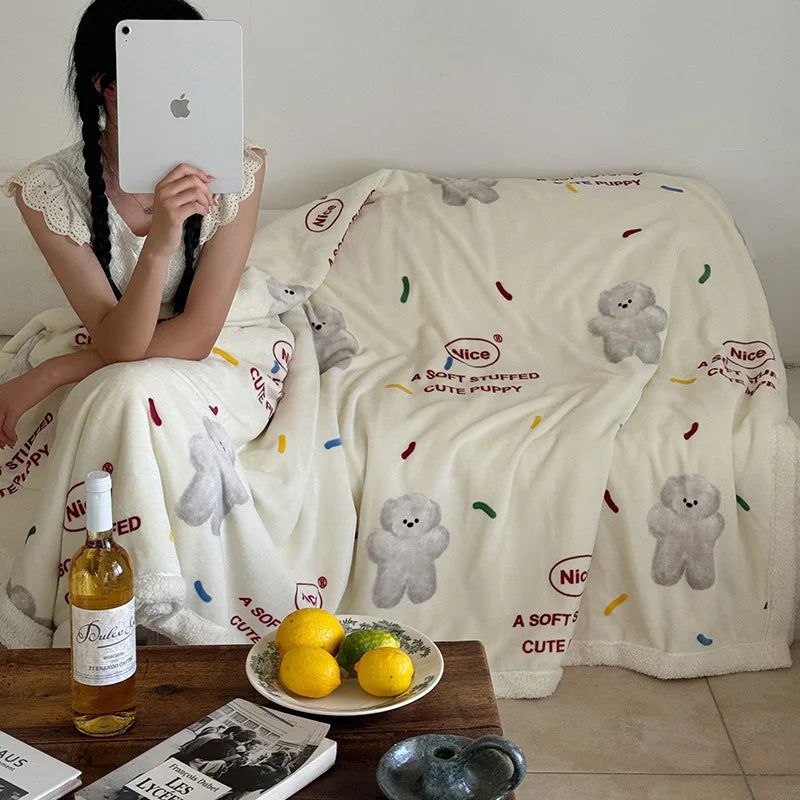 DecorBites™ Korean Cartoon Plush Blanket, Soft Nap Sofa Cover for Home Dormitory