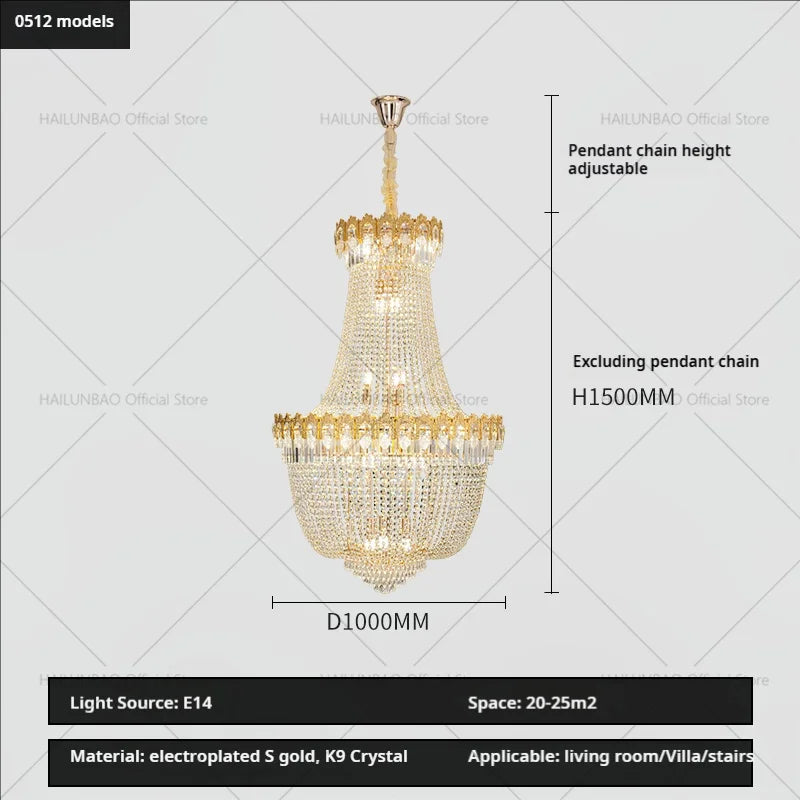 DecorBites™ Crystal Chandelier: Luxury Duplex Hotel Living Room Stairwell Design