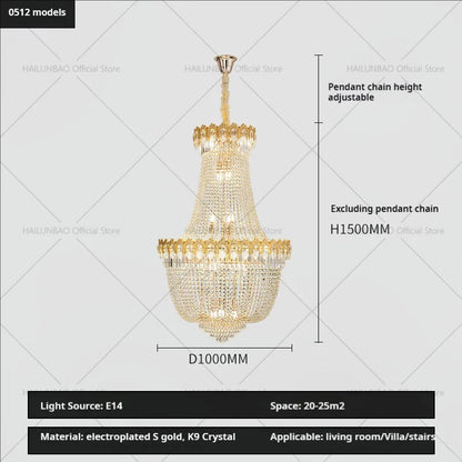 DecorBites™ Crystal Chandelier: Luxury Duplex Hotel Living Room Stairwell Design