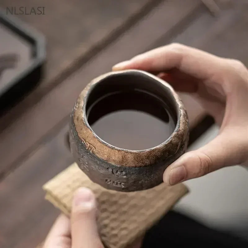 120ml Rough Pottery Handmade Relief Heart Sutra Zen Cup Ceramic Master Individual Single Cup Chinese Portable Tea Cup