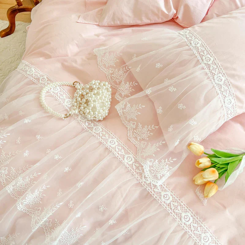 Decobites French Princess Lace Ruffles Bedding Set, 100% Cotton, Pink Romantic Theme