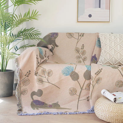 DecorBites™ Cartoon Cat Double-Sided Sofa Blanket with Tassels - Modern Cute Dustproof Cover for Double Beds and Sofas