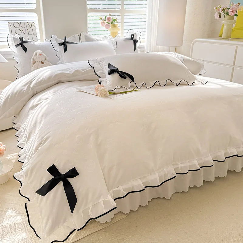 DecorBites™ Lace Bow Bed Skirt Bedding Set in Romantic Solid Color for King Queen Double Sizes