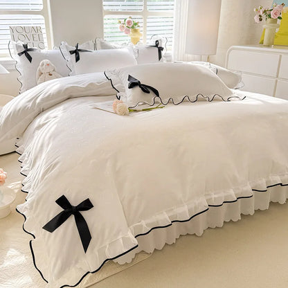 DecorBites™ Lace Bow Bed Skirt Bedding Set in Romantic Solid Color for King Queen Double Sizes