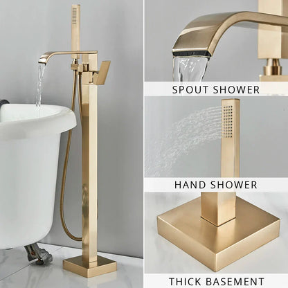 DecorBites™ Gold Bathtub Faucet Set Hot Cold Water Shower Mixer Tap Waterfall Floor Stand