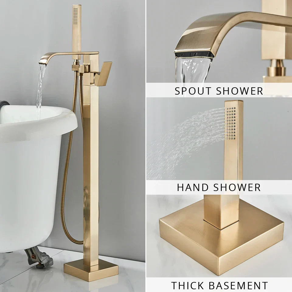 Juego de Grifos para Bañera de Oro Decorbites™ Mezclador de Ducha de Agua Caliente y Fría Grifo de Cascada Soporte de Suelo