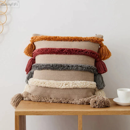 DecorBites™ Knit Boho Tassels Cushion Cover Ivory Beige Orange Grey Soft Pillow Cover